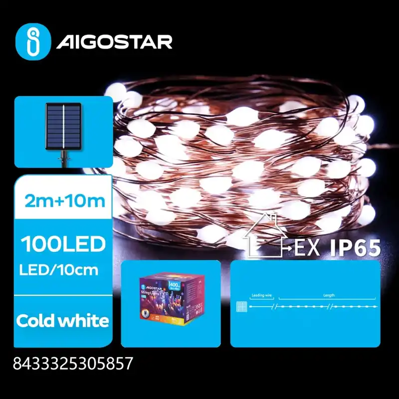 Aigostar - Guirnalda solar LED navideña 100xLED/8 funciones 12m IP65 800 mAh blanco frío De Moda