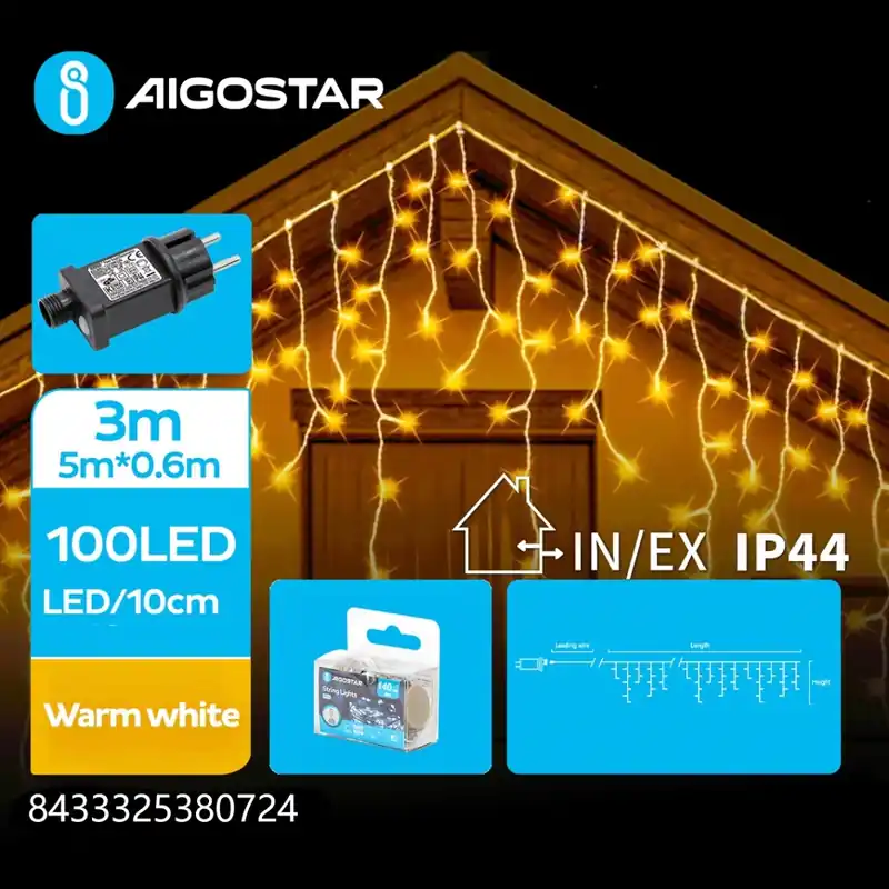 Aigostar - Cadena de luces LED navideña para exterior 100xLED/8 funciones 8x0,6m IP44 blanco cálido Precio Reducido