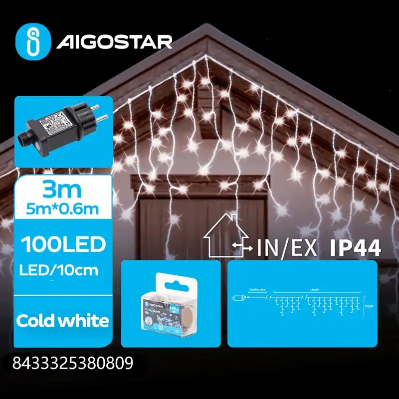Aigostar - Guirnalda navideña LED exterior 100xLED/8 funciones 8x0,6m IP44 blanco frío Ocasión Especial