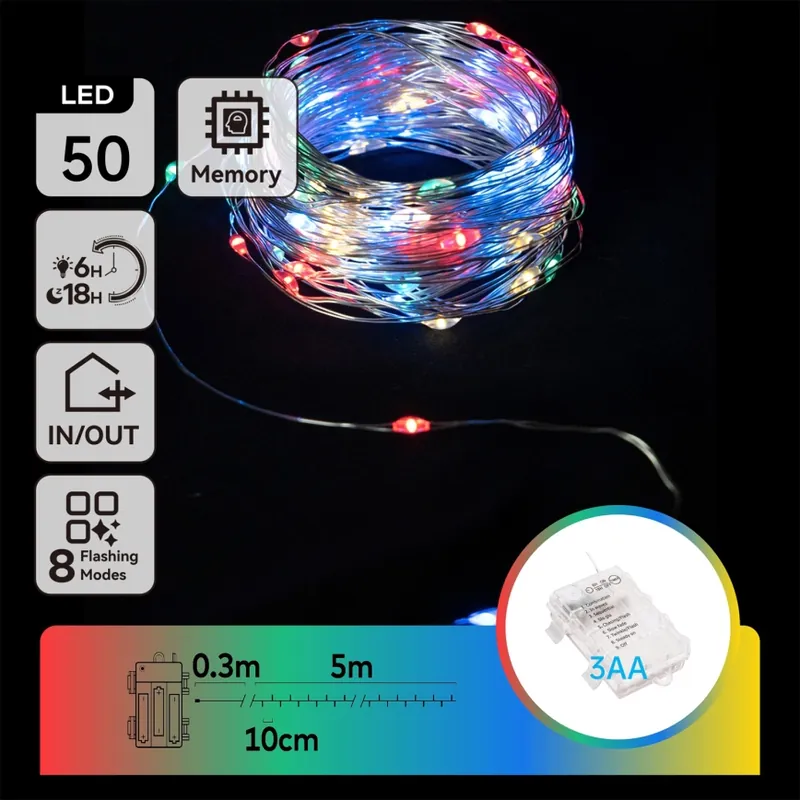 Aigostar - Guirnalda LED exterior navideña 50xLED/8 funciones 3xAA 5,3m IP44 multicolor Garantía De Devolución De Dinero