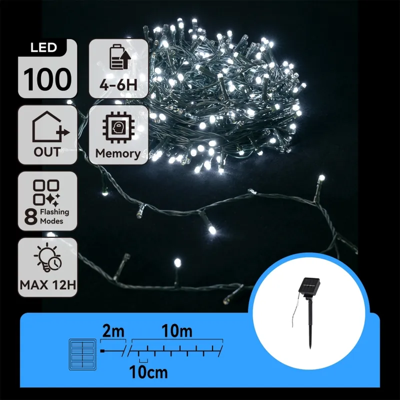 Aigostar - Cadena de navidad solar LED 100xLED/8 funciones 12m IP65 blanco frío Ocasión Especial