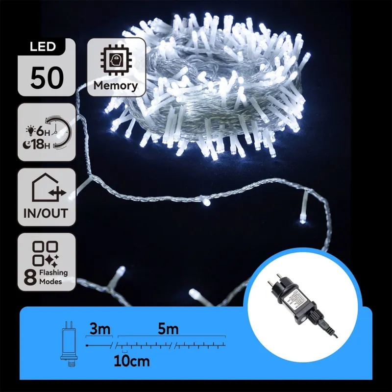 Aigostar - Cadena de luces navideñas LED para exterior 50 LEDs/8 funciones 8 m IP44 blanco frío Imprescindible (Must-Have)