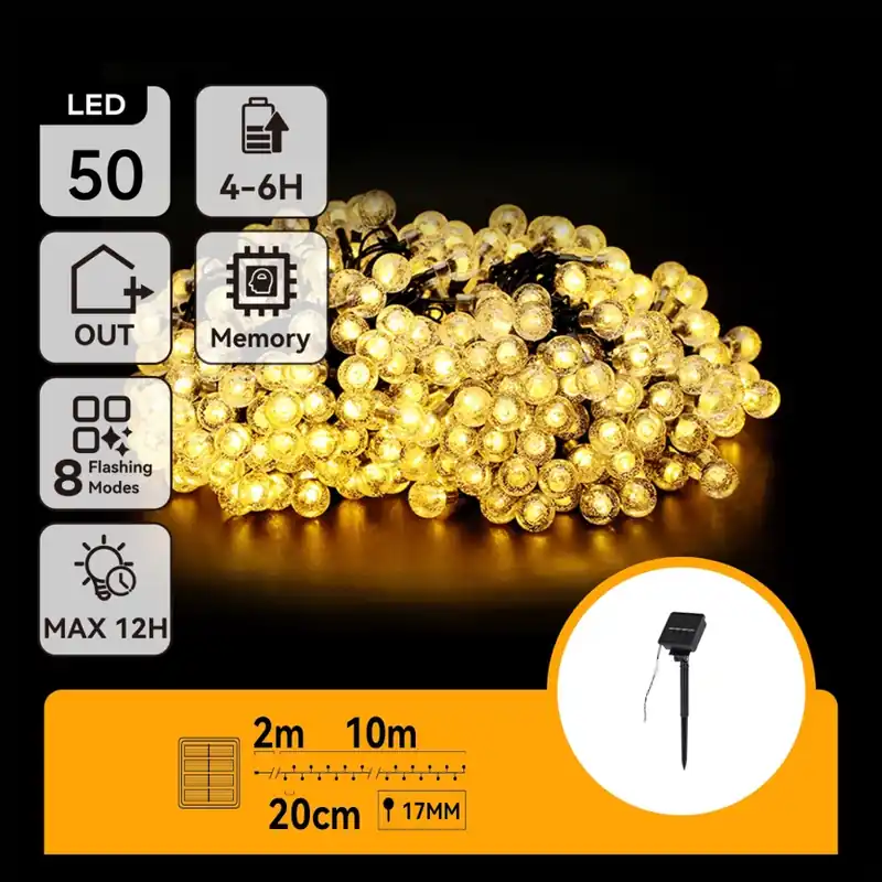 Aigostar - Cadena decorativa solar LED 50xLED/8 funciones 12m 800 mAh IP65 blanco cálido Barato