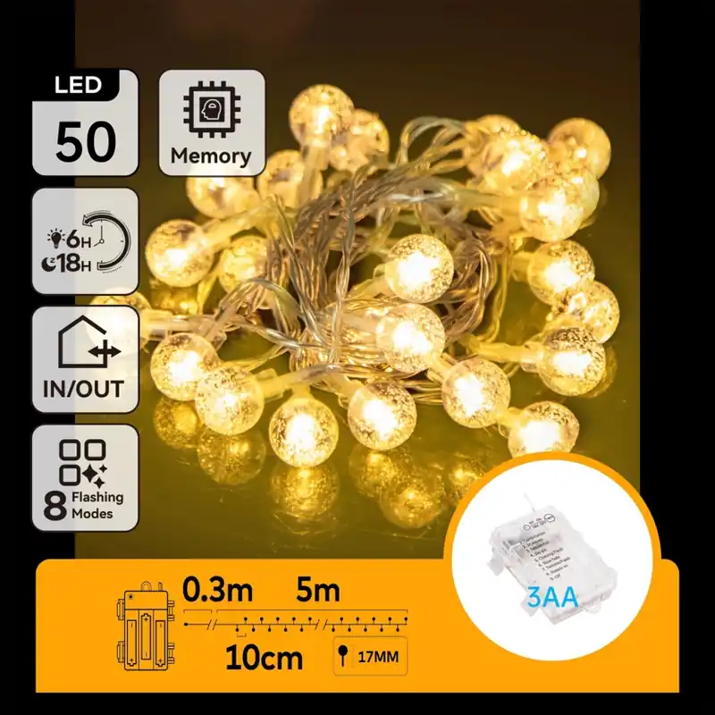 Aigostar - Cadena LED navideña exterior 50xLED/3xAA/8 funciones 5,3 m IP44 blanco cálido Entrega Rápida