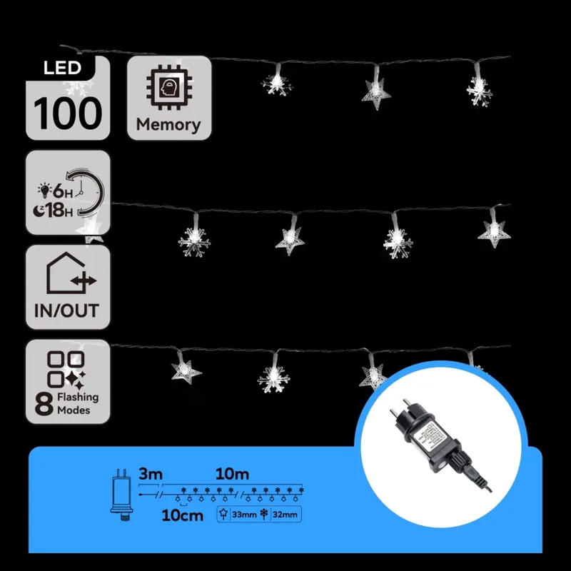 Aigostar - Cadena de luces LED navideña para exterior 100 LEDs/8 funciones 13m IP44 blanco frío Profesional