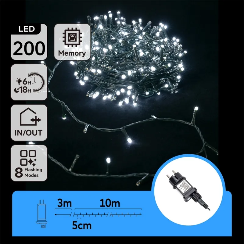 Aigostar - Guirnalda de luces navideñas LED para exterior 200 LEDs / 8 funciones, 13 m, IP44, blanco frío Alta Calidad