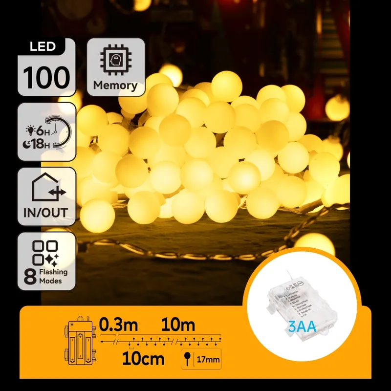 Aigostar - Cadena LED navideña exterior 100xLED/3xAA/8 funciones 10,3 m IP44 blanco cálido Edición Limitada