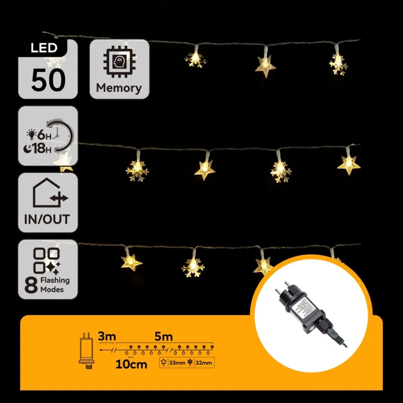 Aigostar - Cadena de luces navideñas LED para exterior 50xLED/8 funciones 8m IP44 blanco cálido Máxima Calidad