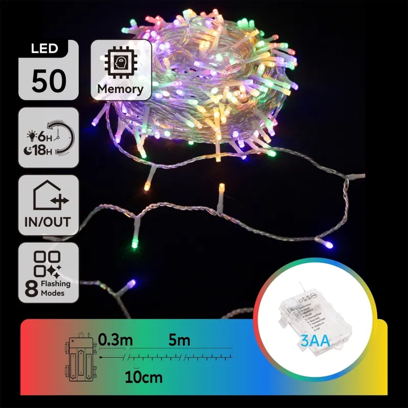 Aigostar - Cadena LED navideña exterior 50xLED/8 funciones 3xAA 5,3m IP44 multicolor Original