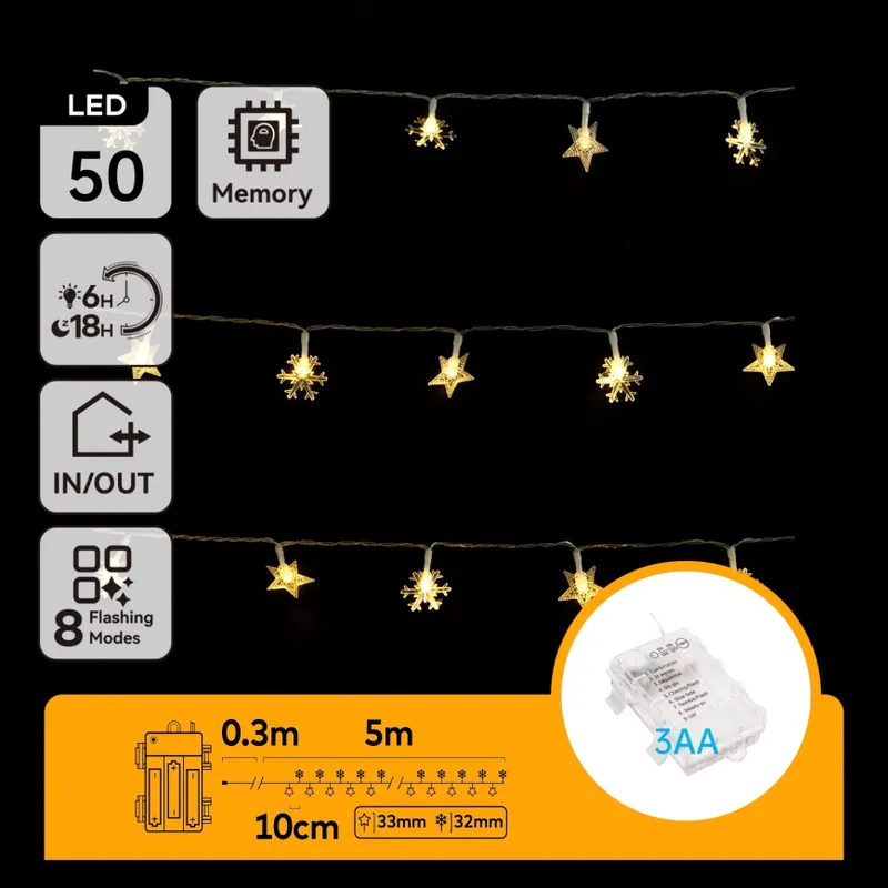 Aigostar - Guirnalda navideña LED para exterior 50 LEDs/8 funciones 3xAA 5m IP44 blanco cálido estrellas A Buen Precio
