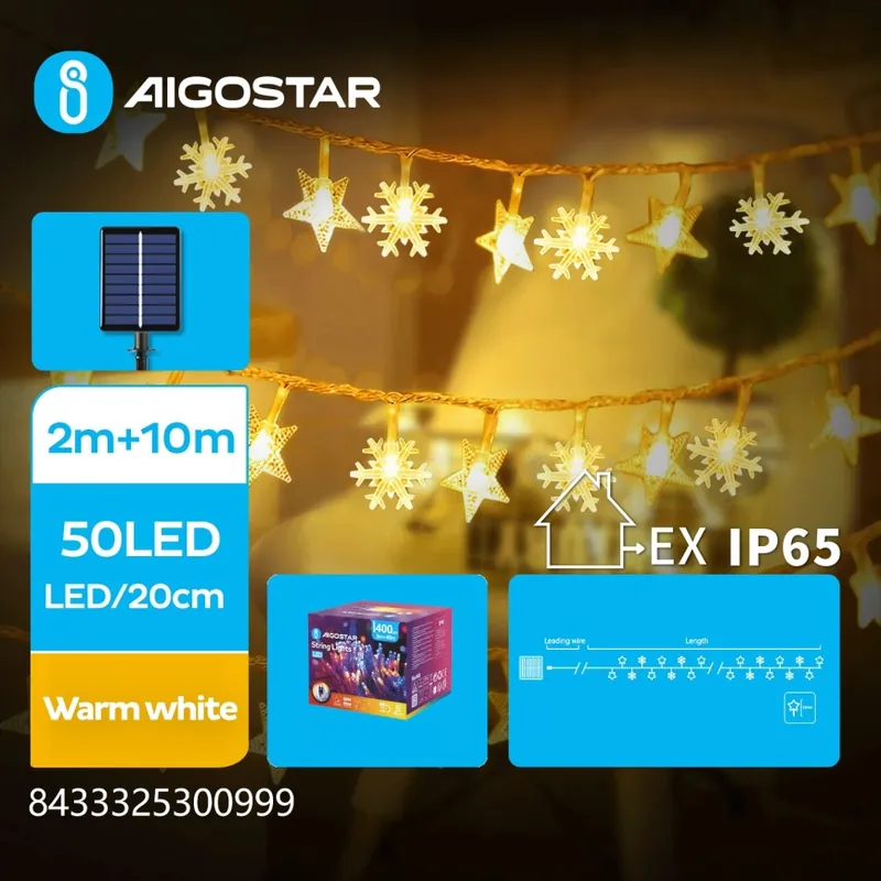 Venta Final Aigostar - Cadena de luces navideñas solares LED 50xLED/8 funciones 12m 800mAh IP65 blanco cálido