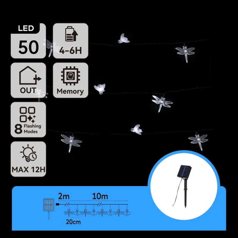 Aigostar - Cadena decorativa solar de 50 LED / 8 funciones, 10 m, 800 mAh, IP65, blanco frío Liquidación