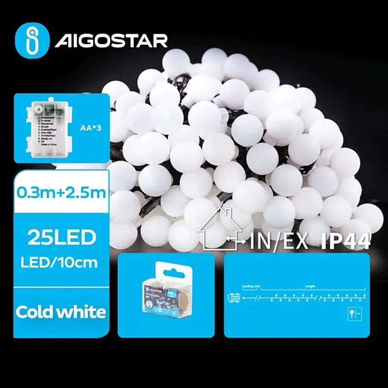Aigostar - Cadena LED navideña exterior 25xLED/3xAA/8 funciones 2,8 m IP44 blanco frío Moderno