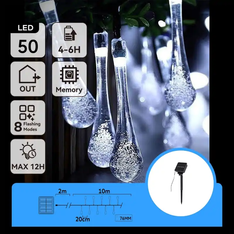Aigostar - Cadena decorativa solar LED 50xLED/8 funciones 12m IP65 blanco frío 800 mAh Nueva Colección