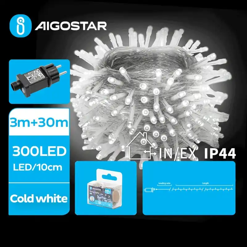 Aigostar - Cadena de luces LED navideñas para exterior, 300 LEDs, 8 funciones, 33 m, IP44, blanco frío Precio Económico