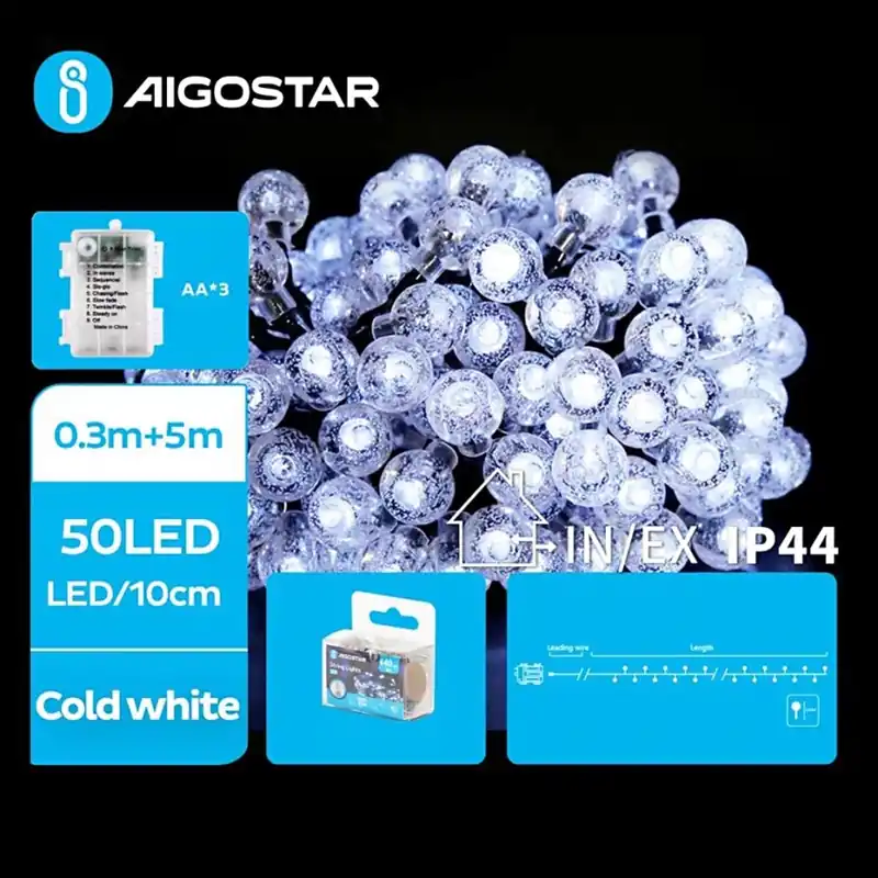 Aigostar - Cadena de navidad LED para exteriores 50xLED/3xAA/8 funciones 5,3 m IP44 blanco frío Última Versión