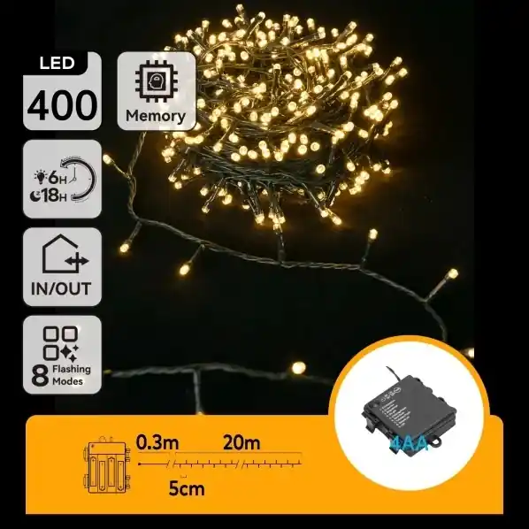 Aigostar - Guirnalda navideña LED para exterior 400xLED/8 funciones 4xAA 20,3 m IP44 blanco cálido De Moda