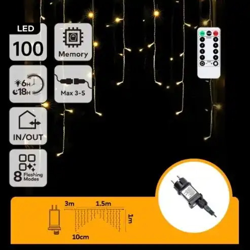 Aigostar - Guirnalda navideña LED para exterior 100 LEDs/6W/230V/8 funciones 1,5x1m IP44 blanco cálido + mando a distancia Última Versión