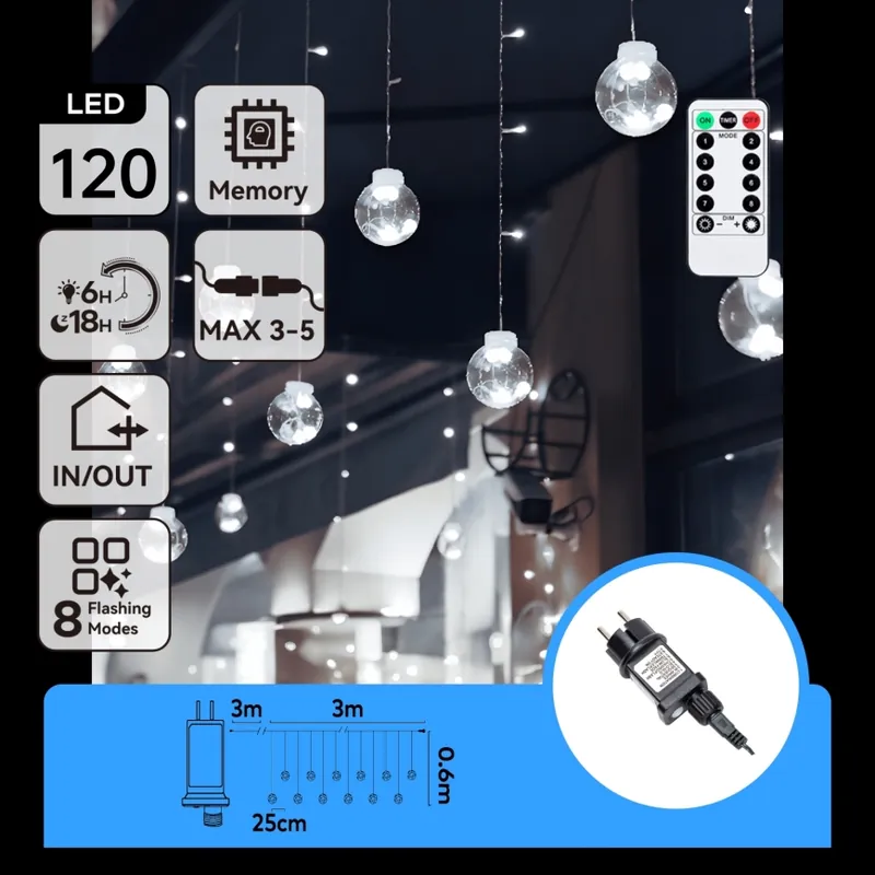 Aigostar - Cadena de luces LED navideña para exterior 120 LED/8 funciones 3x0,6m IP44 blanco frío + mando a distancia Máxima Calidad