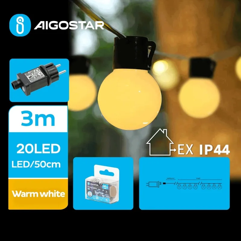 Última Oportunidad Aigostar - Guirnalda LED decorativa para exterior, 20 LEDs, 3 m, IP44, blanco cálido