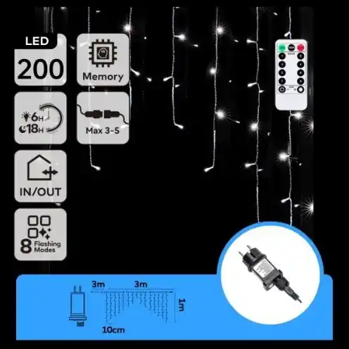 Aigostar - Cadena de luces navideña LED para exteriores 200xLED/6W/230V/8 funciones 3x1m IP44 blanco frío + mando a distancia Liquidación
