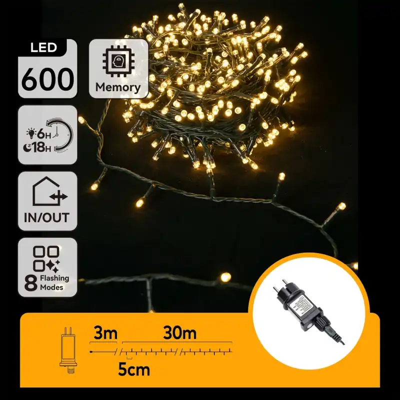 Aigostar - Guirnalda navideña LED para exterior 600xLED/8 funciones 33m IP44 blanco cálido Stock Limitado