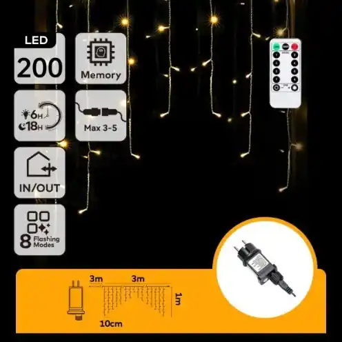 Aigostar - Cadena navideña LED exterior 200 LEDs/6W/230V/8 funciones 3x1m IP44 blanco cálido + control remoto Precio Reducido