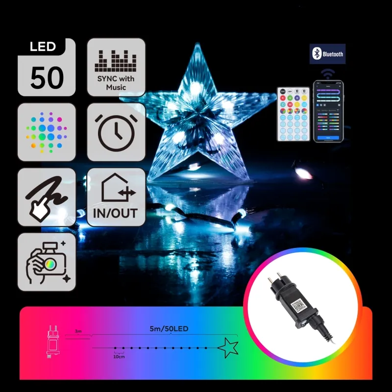 Aigostar - Guirnalda navideña LED RGBICW inteligente MESH para exterior, 50 LED, 5 m, IP44 + mando a distancia Auténtico