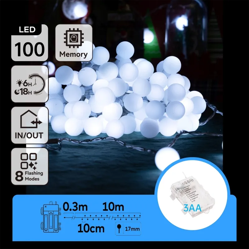 Aigostar - Cadena LED navideña exterior 100xLED/3xAA/8 funciones 10,3 m IP44 blanco frío Compra Ahora