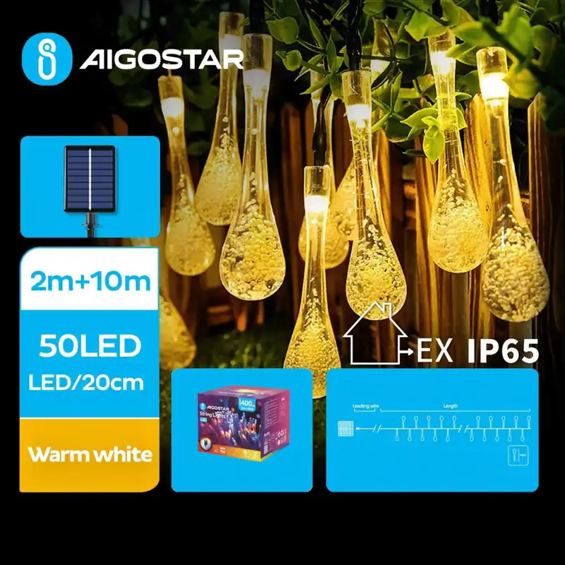 Aigostar - Cadena decorativa solar LED 50xLED/8 funciones 12m IP65 blanco cálido 800 mAh Alta Calidad
