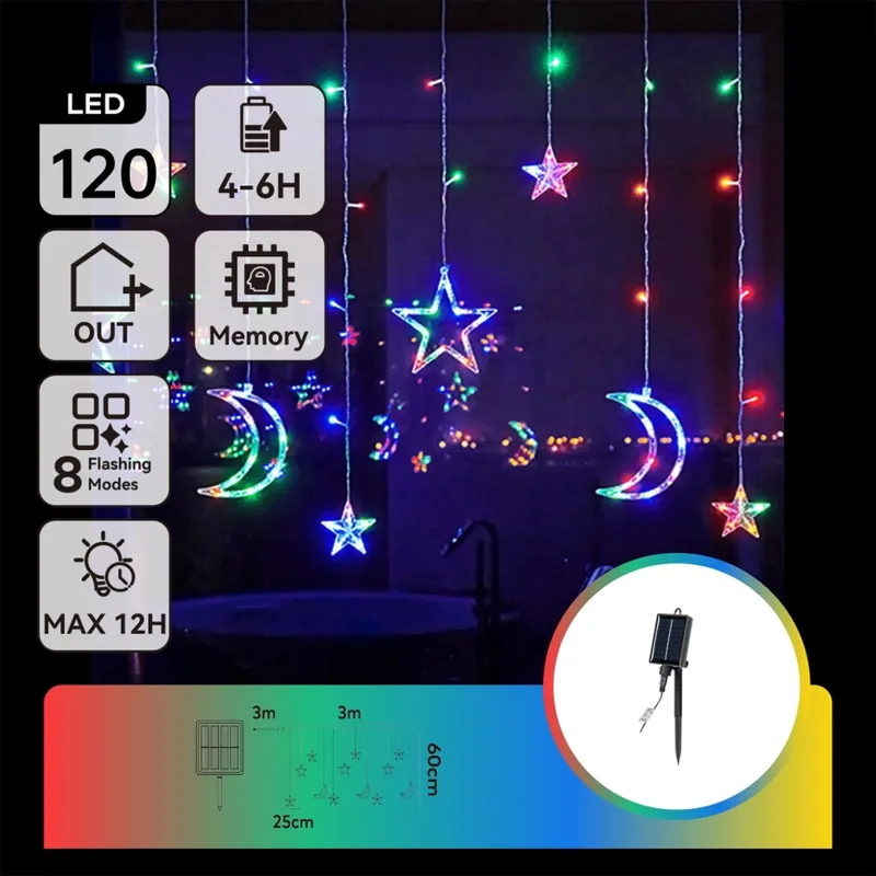 Aigostar - Guirnalda navideña solar LED 120 LEDs, 8 funciones, 3x0,6 m, 500 mAh, IP65, multicolor Premium