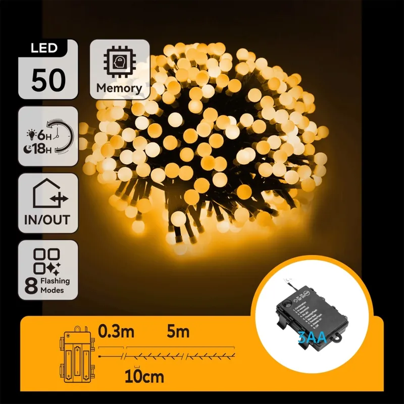 Aigostar - Cadena LED navideña exterior 50xLED/8 funciones 3xAA 5,3m IP44 blanco cálido Auténtico