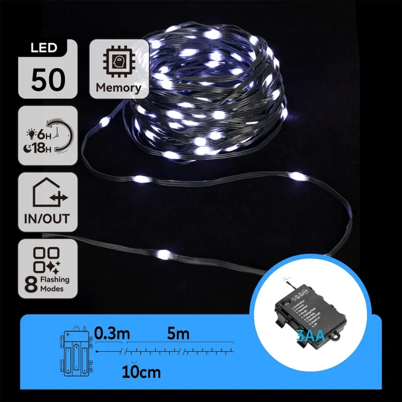 Aigostar - Cadena de luces LED para exterior 50xLED/8 funciones 3xAA 5,3m IP44 blanco frío Novedad