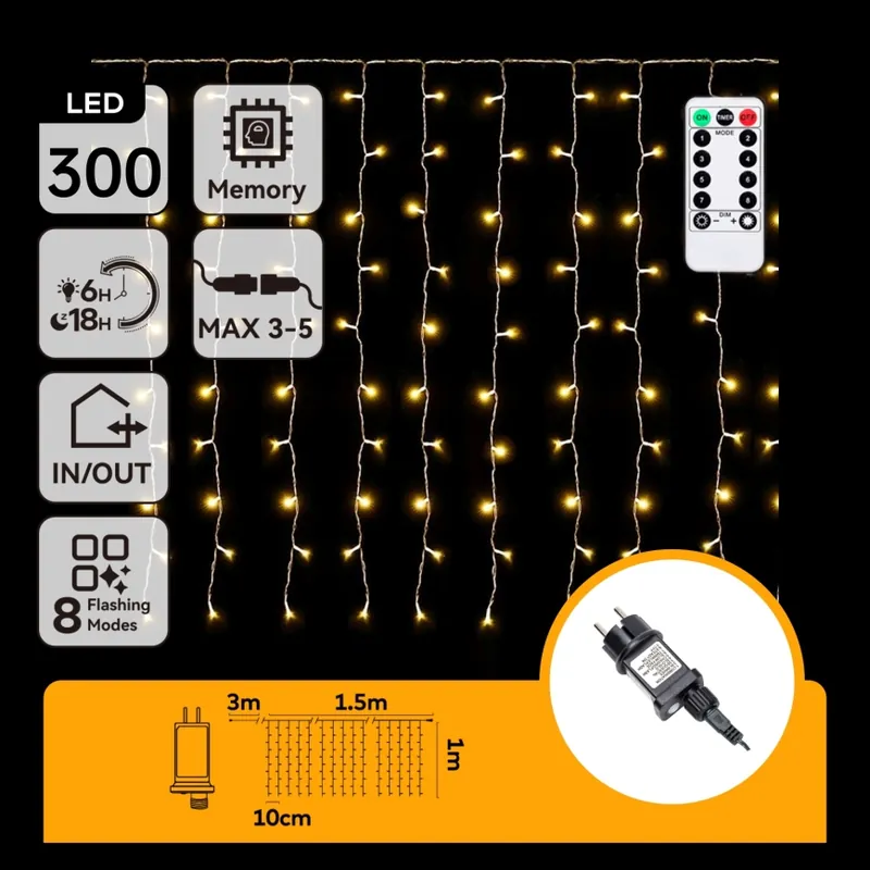 Aigostar - Guirnalda navideña LED para exterior 300xLED/8 funciones 3x1m IP44 blanco cálido + mando a distancia Artesanal