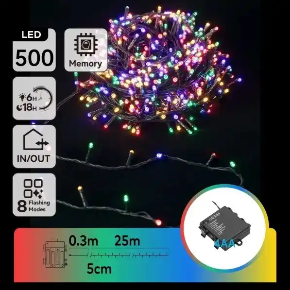 Aigostar - Guirnalda LED de Navidad para exterior 500 LEDs/8 funciones 4xAA 25,3 m IP44 multicolor Marca Reconocida