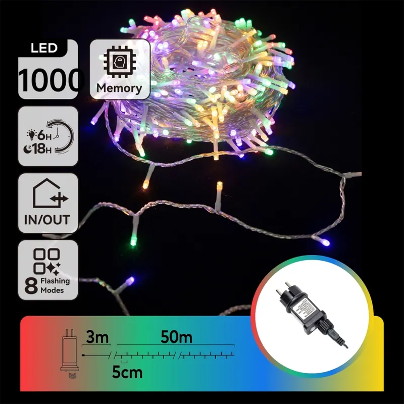 Aigostar - Guirnalda de Navidad LED para exterior 1000xLED/8 funciones 53m IP44 multicolor Nuevo Modelo