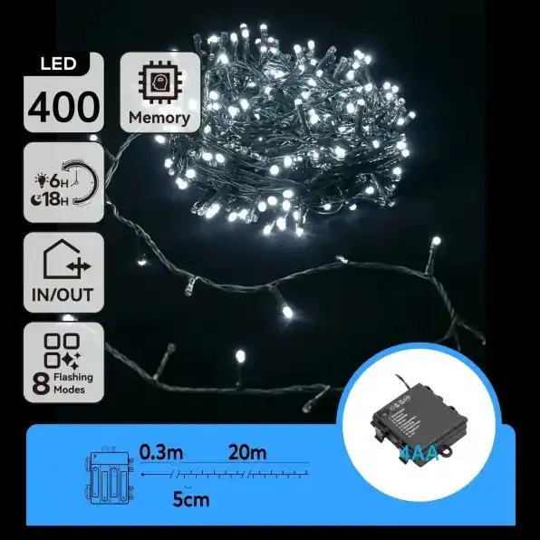 Aigostar - Guirnalda navideña LED para exterior, 400 LEDs, 8 modos, 4 pilas AA, 20,3 m, IP44, blanco frío Garantía Incluida