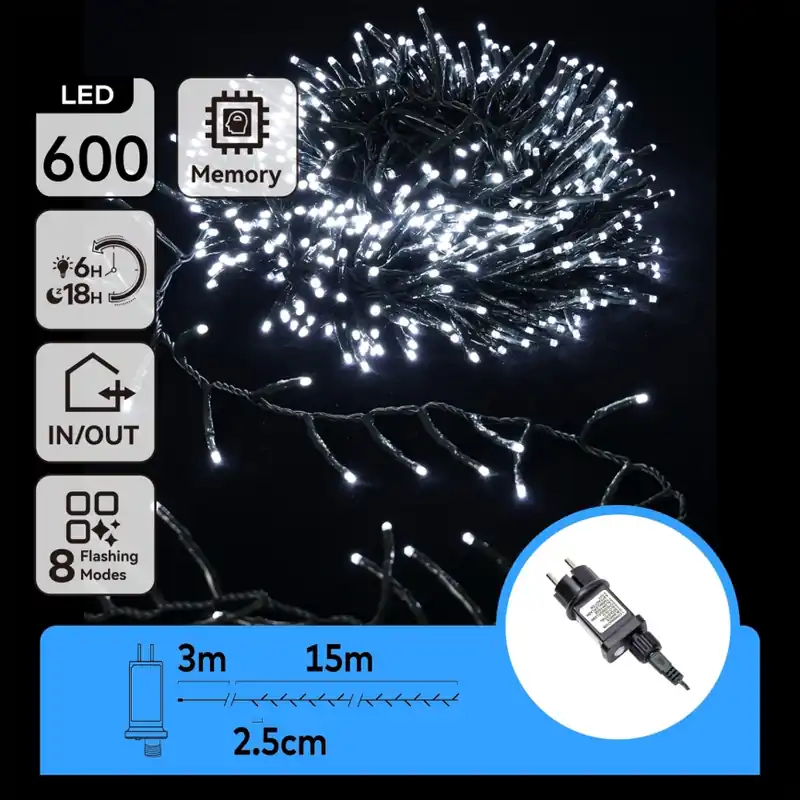 Aigostar - Cadena luminosa navideña LED para exterior, 600 LEDs/8 funciones, 18 m, IP44, blanco frío Premium