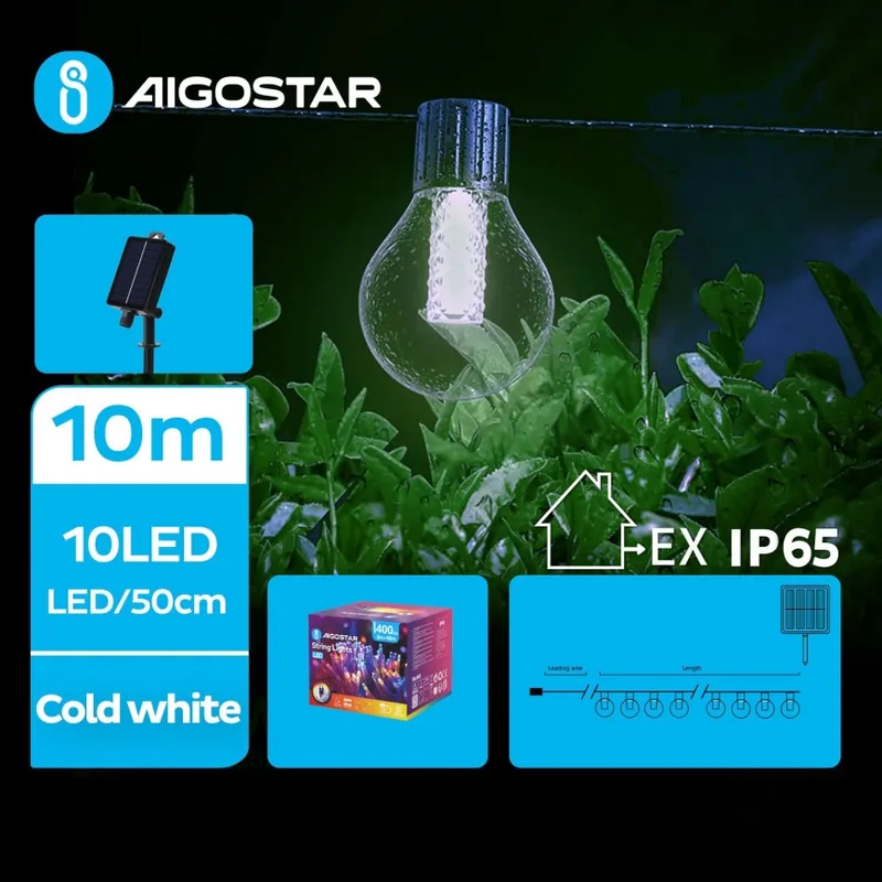 Aigostar - Cadena decorativa solar LED 10xLED/8 funciones 10,5m IP65 blanco frío 1200 mAh Certificado