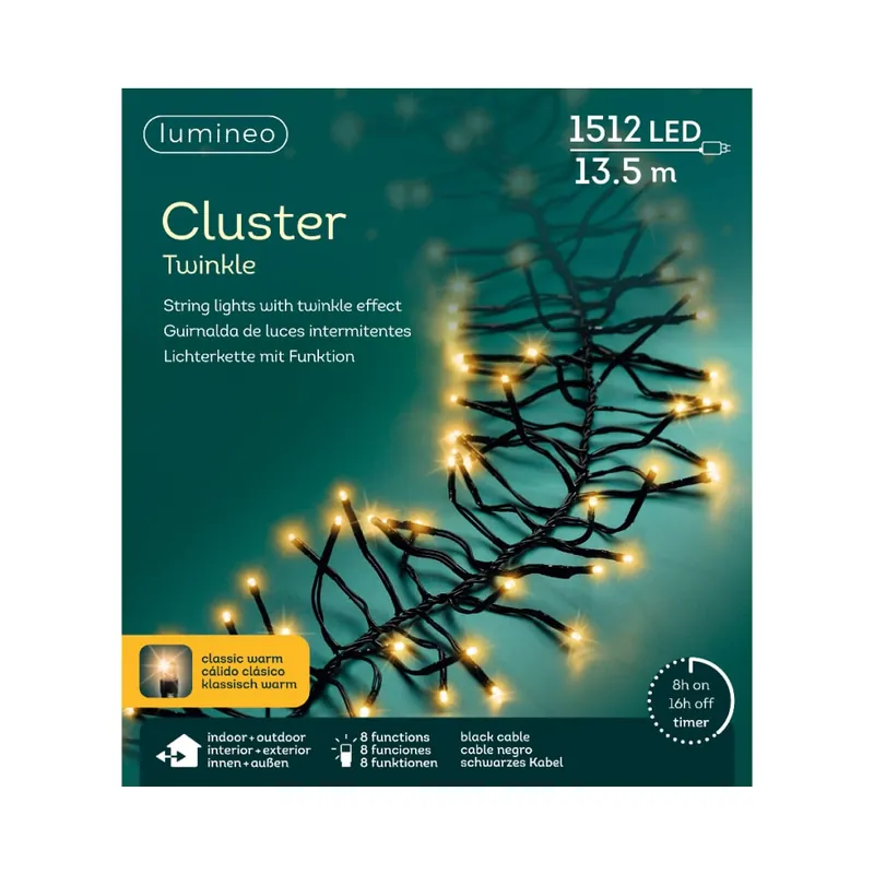 Luces de Navidad Cluster twinkle Amarillo 1512 Leds (cable negro de 13,5m) Marca Reconocida