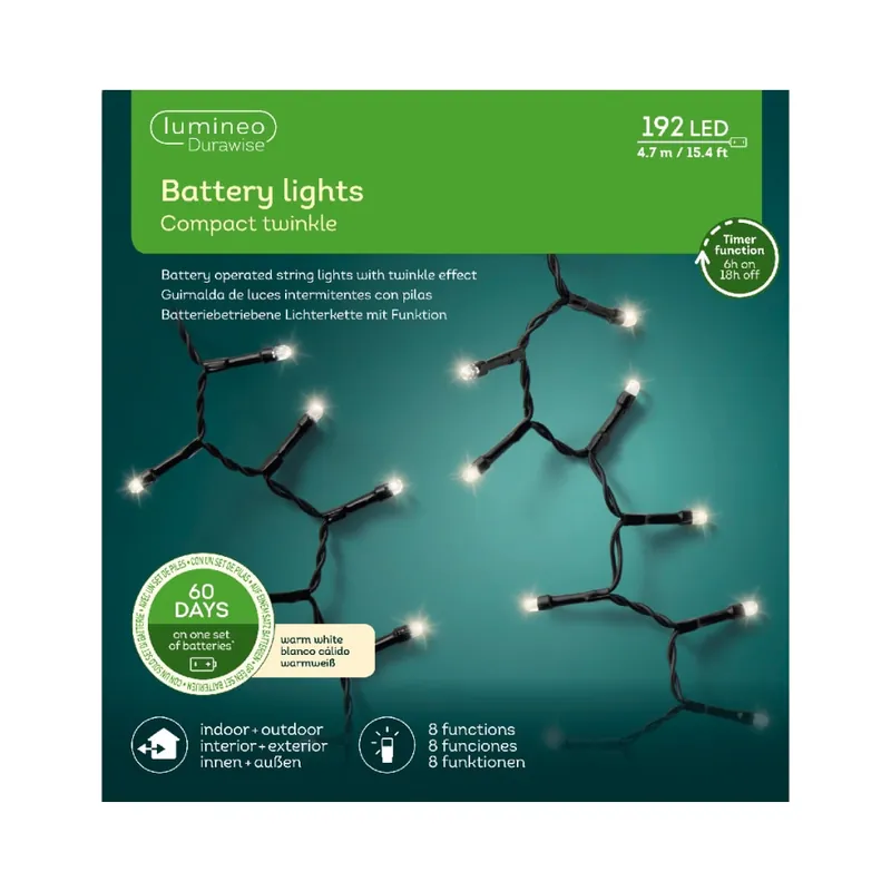 Luces de Navidad Battery Compact twinkle Blanco 192 Leds (cable negro de 4,7m) Tendencia