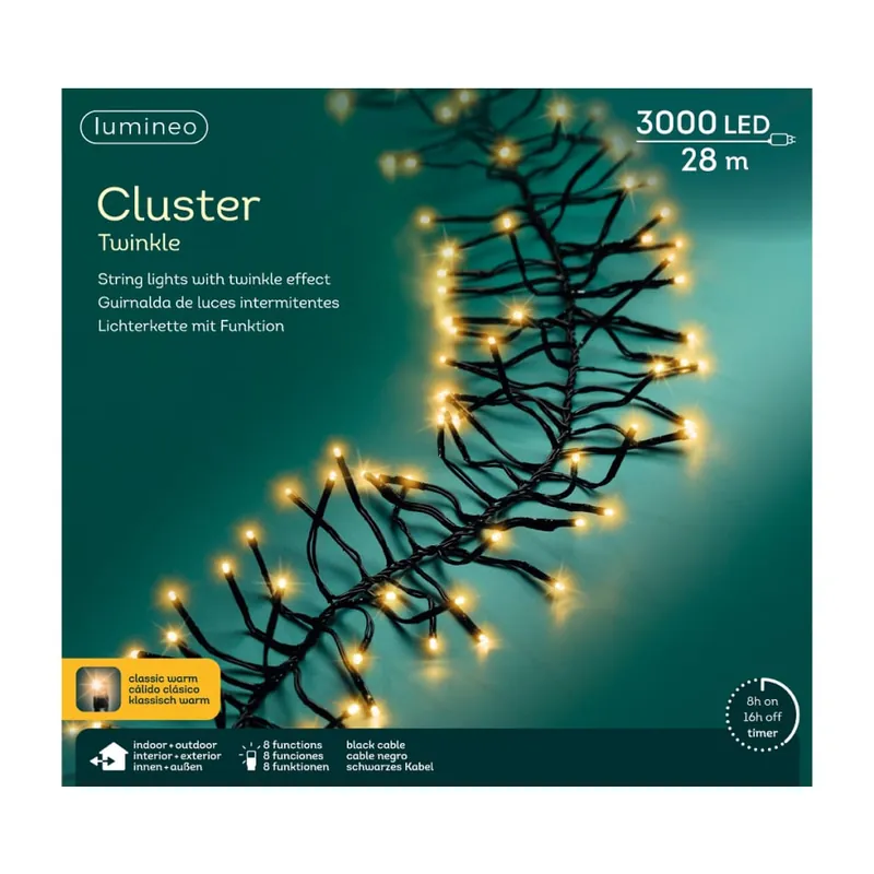 Certificado Luces de Navidad Cluster twinkle Amarillo 3000 Leds (cable negro de 28m)