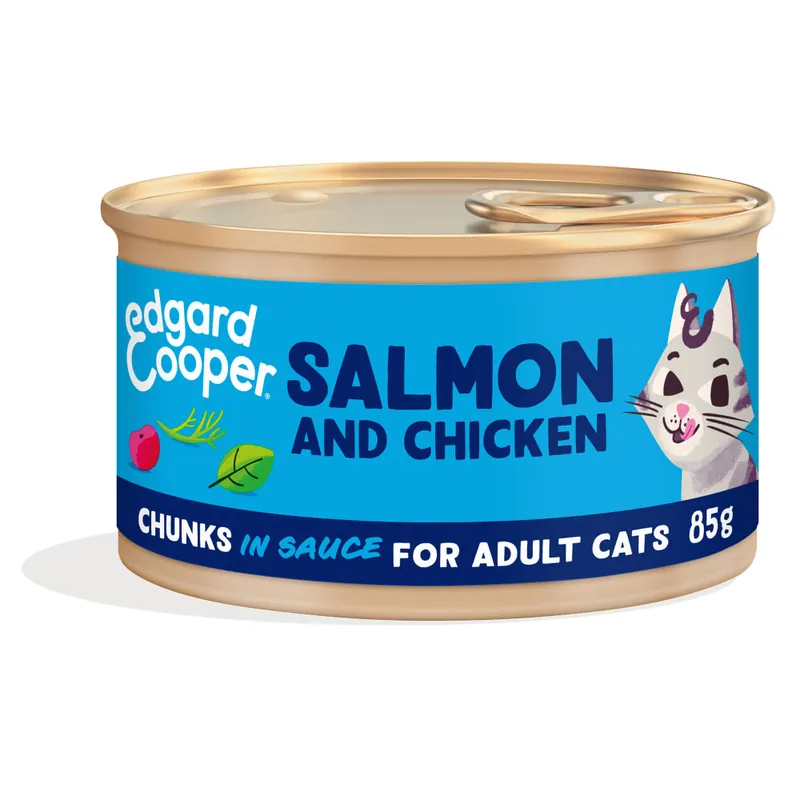 Alimento húmedo para gatos adultos - Trocitos en salsa de salmón y pollo Edgard&Cooper No Te Lo Pierdas