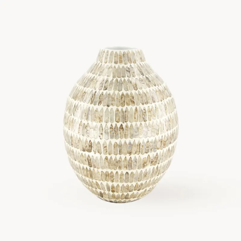 Jarrón de Mosaico Beige y Bambú - 24 cm Diámetro x 31 cm Alto Premium
