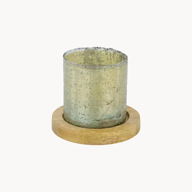 Portavelas verde con base de madera 10 cm Edición Limitada