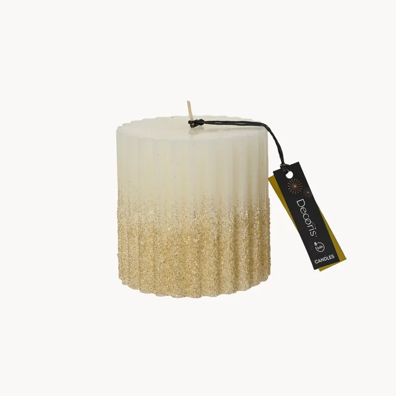 Nuevo Modelo Vela beige purpurina 10×10 cm