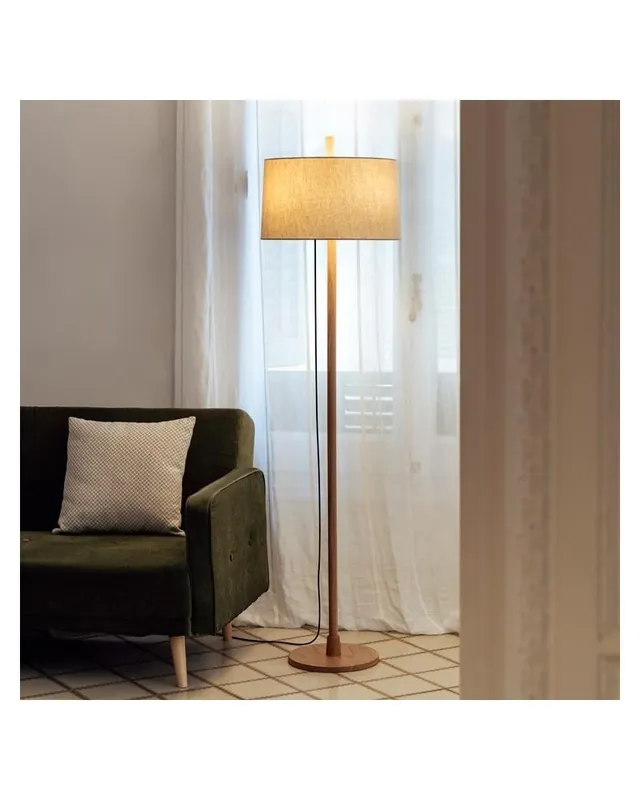 Artesanal Lámpara de diseño de pie 171,3cm de diseño con fuste de madera roble y pantalla de lino regulable 3xE27