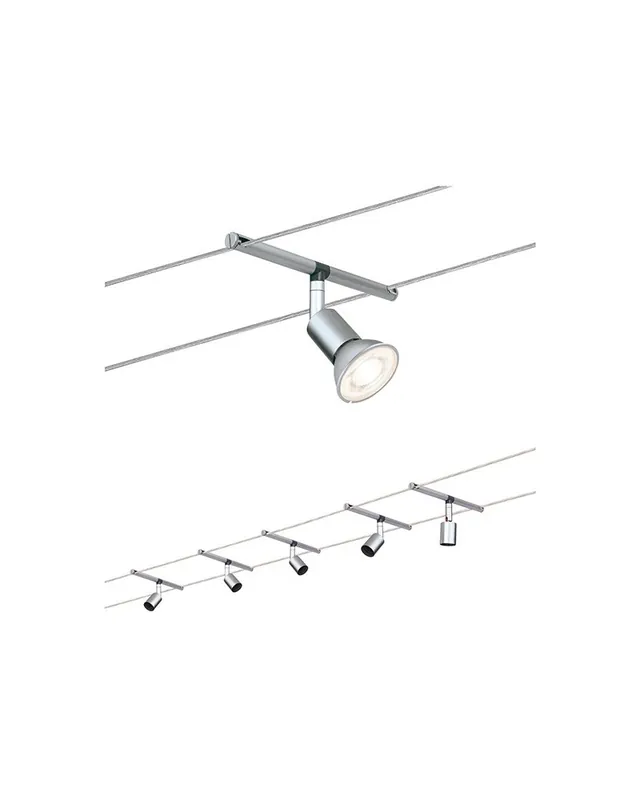 Auténtico Sistema de cable cromado mate con 5 focos máx. 10 W GU5.3