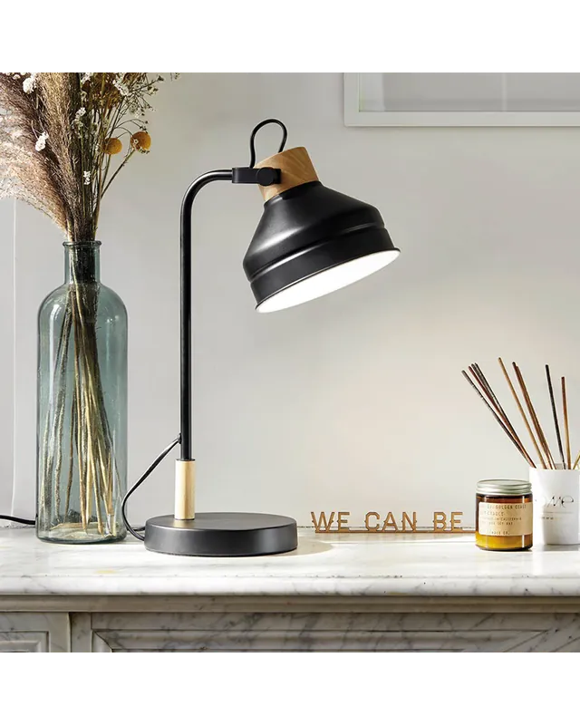 Artesanal Lámpara de mesa 51cm de metal negro y madera estilo nórdico E14 15W Pantalla orientable