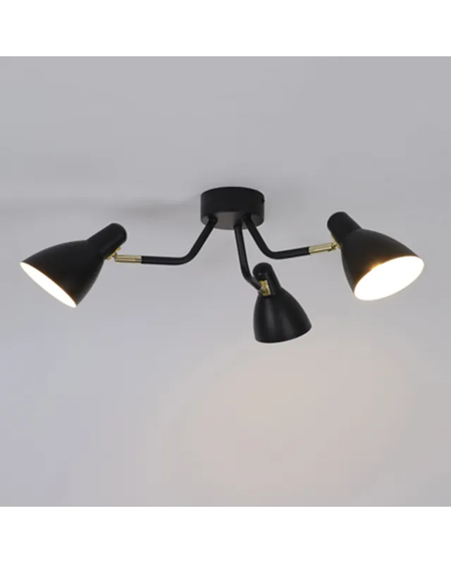 Profesional Plafón 3 focos 50cm de metal negro con interior de pantalla blanca E14 15W